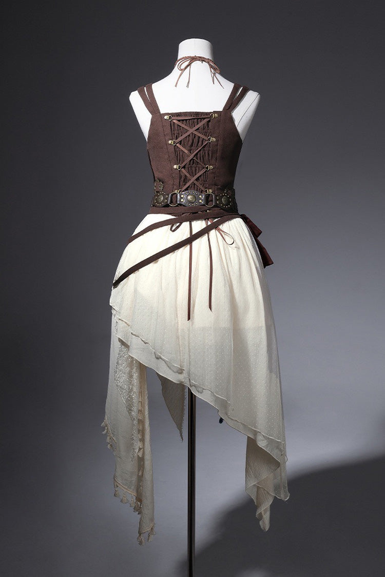 Brown White Dune Shadow Seeker Sleeveless Ruffle Embroidered Irregular Vintage Lolita Skirt Set