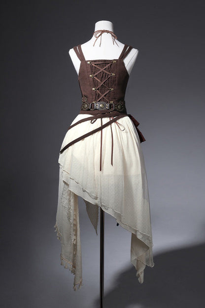 Brown White Dune Shadow Seeker Sleeveless Ruffle Embroidered Irregular Vintage Lolita Skirt Set