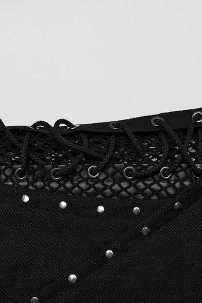Gothic Flared Pants with Lace-Up Mesh Detailing
