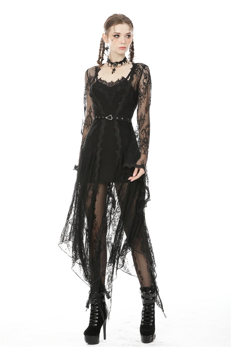 Maxi Cloak with Floral Lace and Belted Waist - Dark
