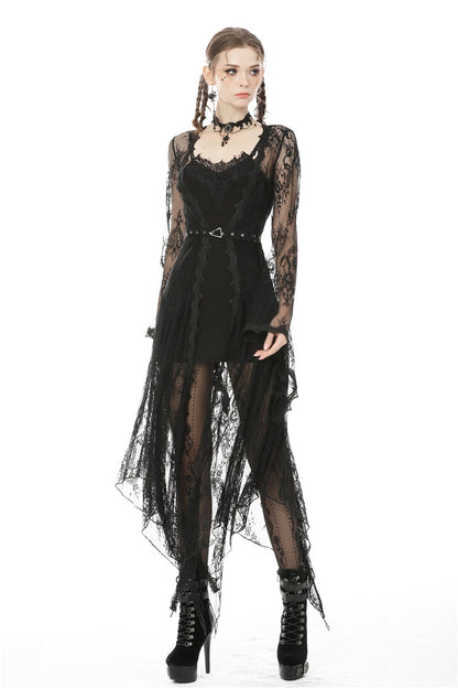 Maxi Cloak with Floral Lace and Belted Waist - Dark