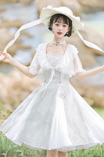 White Summer Dream Lotus Sleeveless Chinese-Style Sweet Qi Lolita JSK Dress