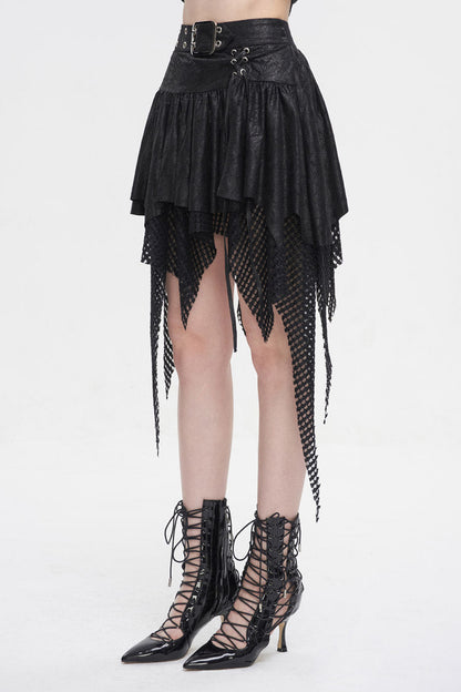 Gothic Skirt with Irregular Mesh Splice and Buckle
