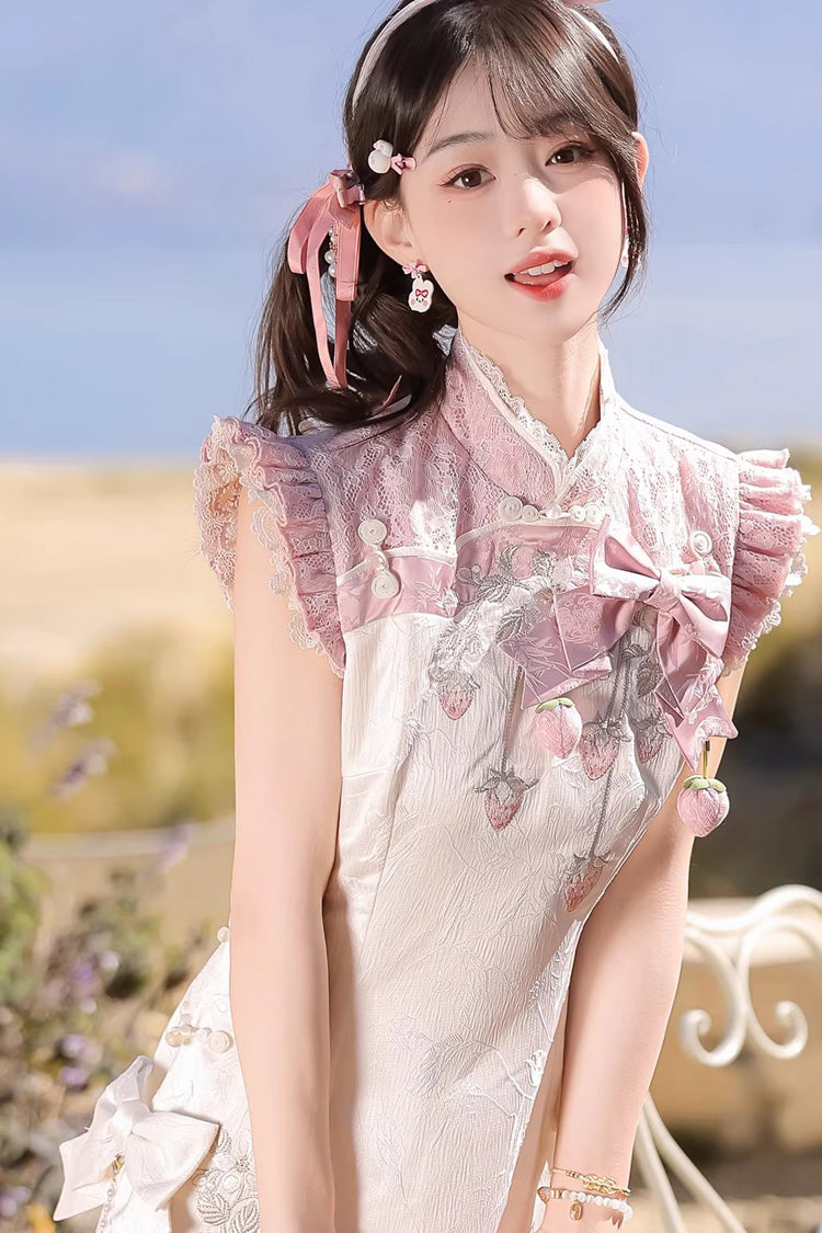 Lace Color-Blocked Chinese Style Sweet Dress - White/Pink Spring Strawberry