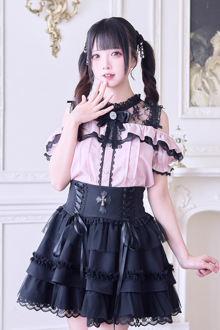 Off Shoulder Short Sleeves Hollow Bowknot Jirai Kei Japanese Blouse