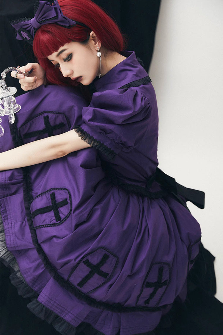 Purple Cross Short Puff Sleeves Two-Piece Gothic Lolita Dress