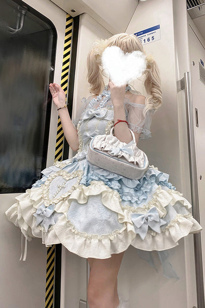 Blue Heart of Butterfly Halterneck Sleeveless Multi-Layer Ruffle Embroidery Princess Ballet JSK Dress Set