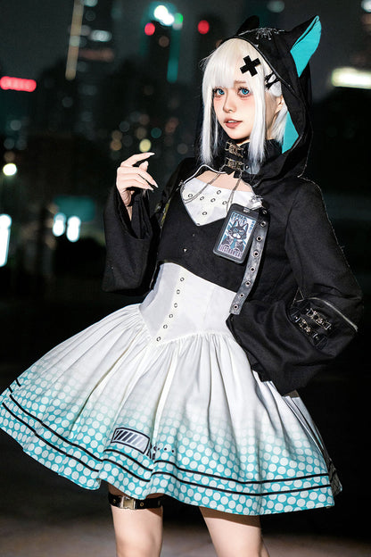 Black and Ivory Electronic Cat Print Future Suit Gothic Cool Lolita Dress