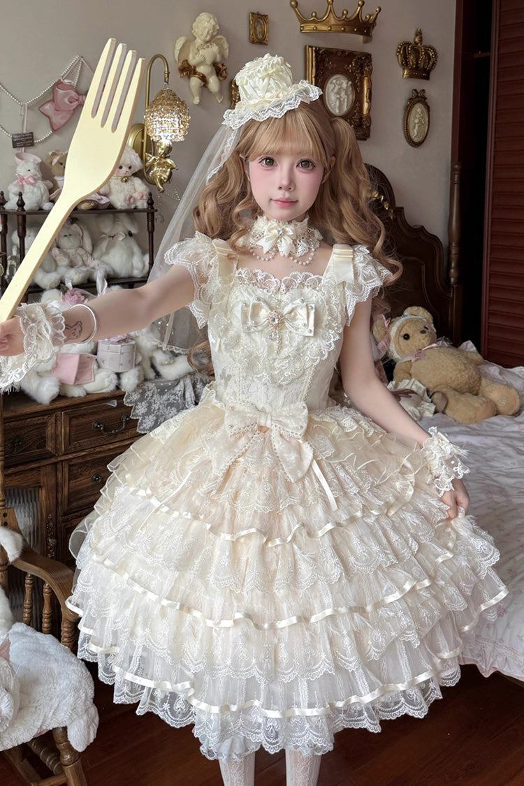 Apricot Feathers Ballad Sleeveless Multi-Layered Ruffle Hanayome Bow Sweet Lolita Jsk Dress