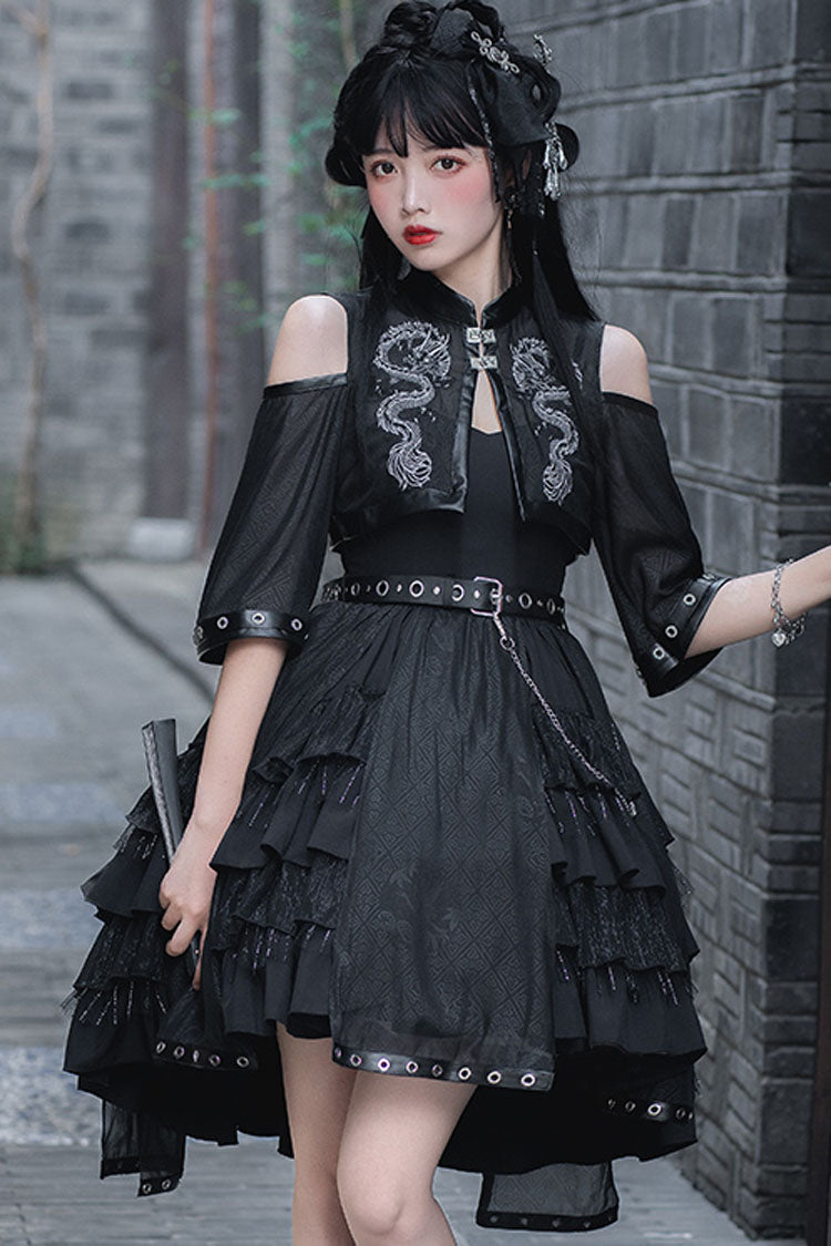 Dark Chinese-Style Gothic Lolita JSK with Dragon Print and Ruffled Layers