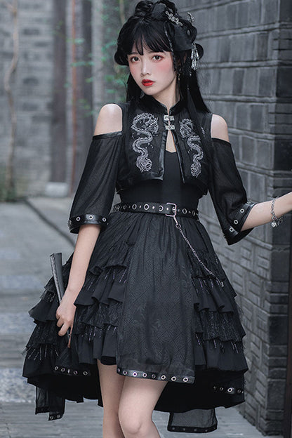 Dark Chinese-Style Gothic Lolita JSK with Dragon Print and Ruffled Layers