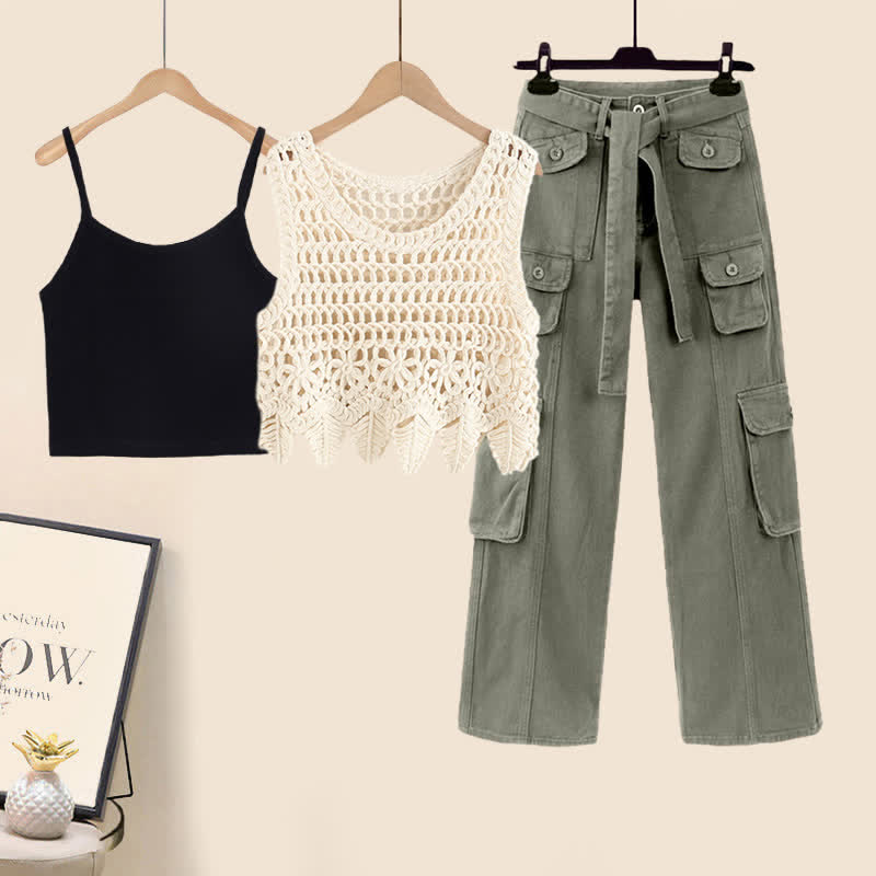 Ausgehöhltes Häkel-Crop-Top, Camisole-Top, Cargohose