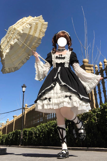 White Black Long Hime Sleeves Ruffled Cardigan Bow Gothic Lolita Dress