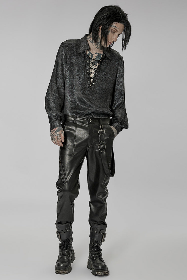 Men's Steampunk Pants with Detachable Metal Side Straps in Black Faux Leather