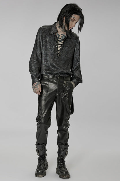 Men's Steampunk Pants with Detachable Metal Side Straps in Black Faux Leather