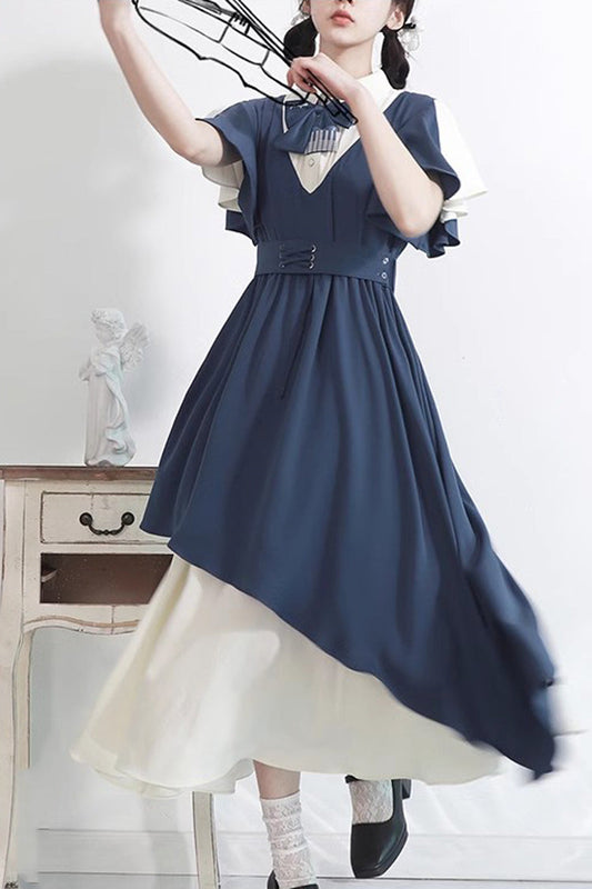 Blue and White Collegiate Chiffon Kawaii Sweet Dress