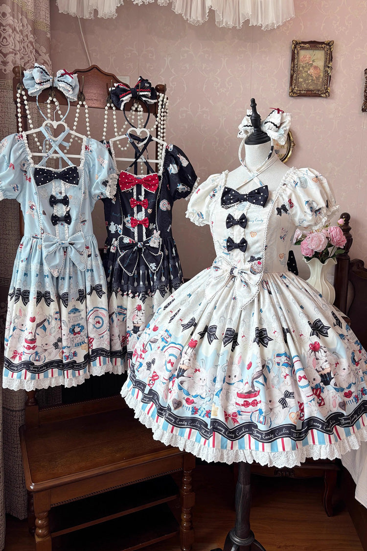 Square-Neck Ruffle Bow Dress with Lace and Print