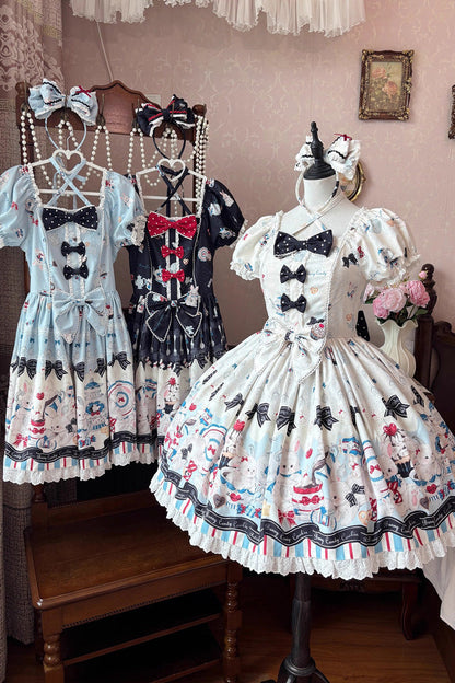 Square-Neck Ruffle Bow Dress with Lace and Print