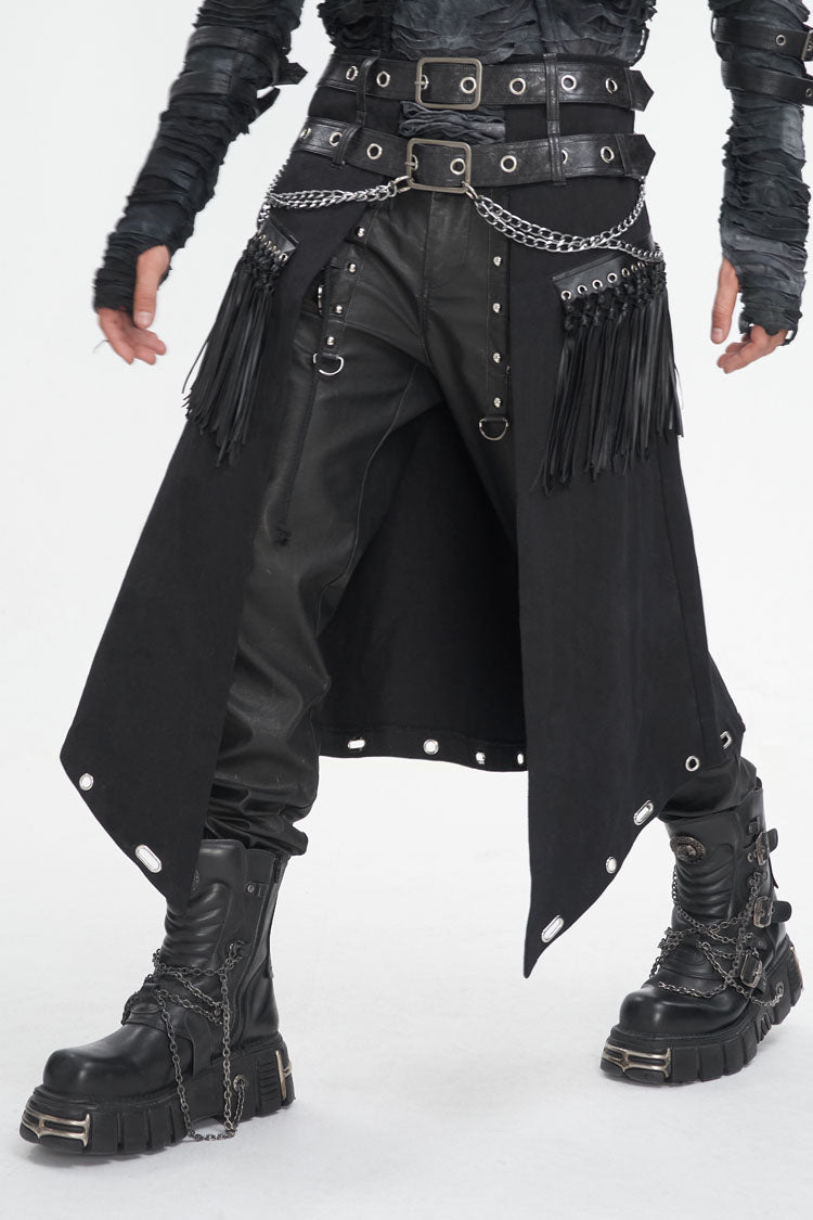 Double Belt Tassel Black Asymmetric Gothic Skirt for Men