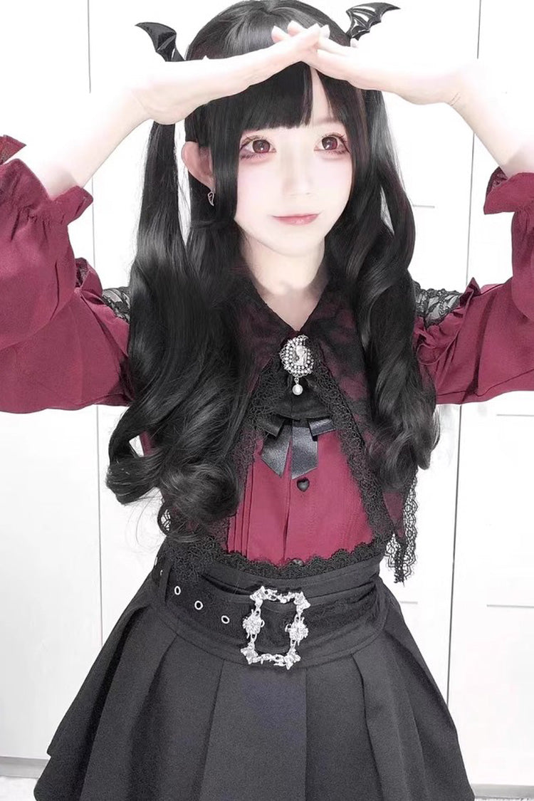 Puff Sleeve Ruffle Bow Lace Blouse & Skirt Set Two Tones