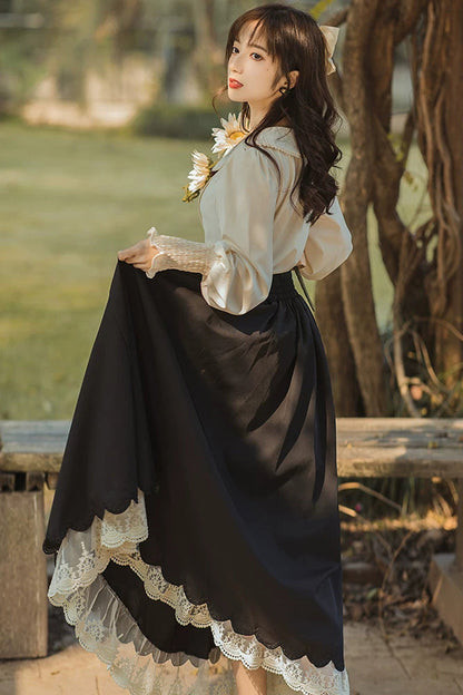Black Lapel Collar Long Sleeves High Waist Lace-Up Wave Hem Classic Lolita Two-Piece Set