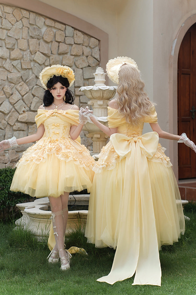 Sissi's Pilgrimage Off Shoulder Ruffle Bow Lace Sweet Lolita Short Skirt in Yellow