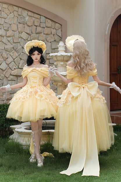 Sissi's Pilgrimage Off Shoulder Ruffle Bow Lace Sweet Lolita Short Skirt in Yellow