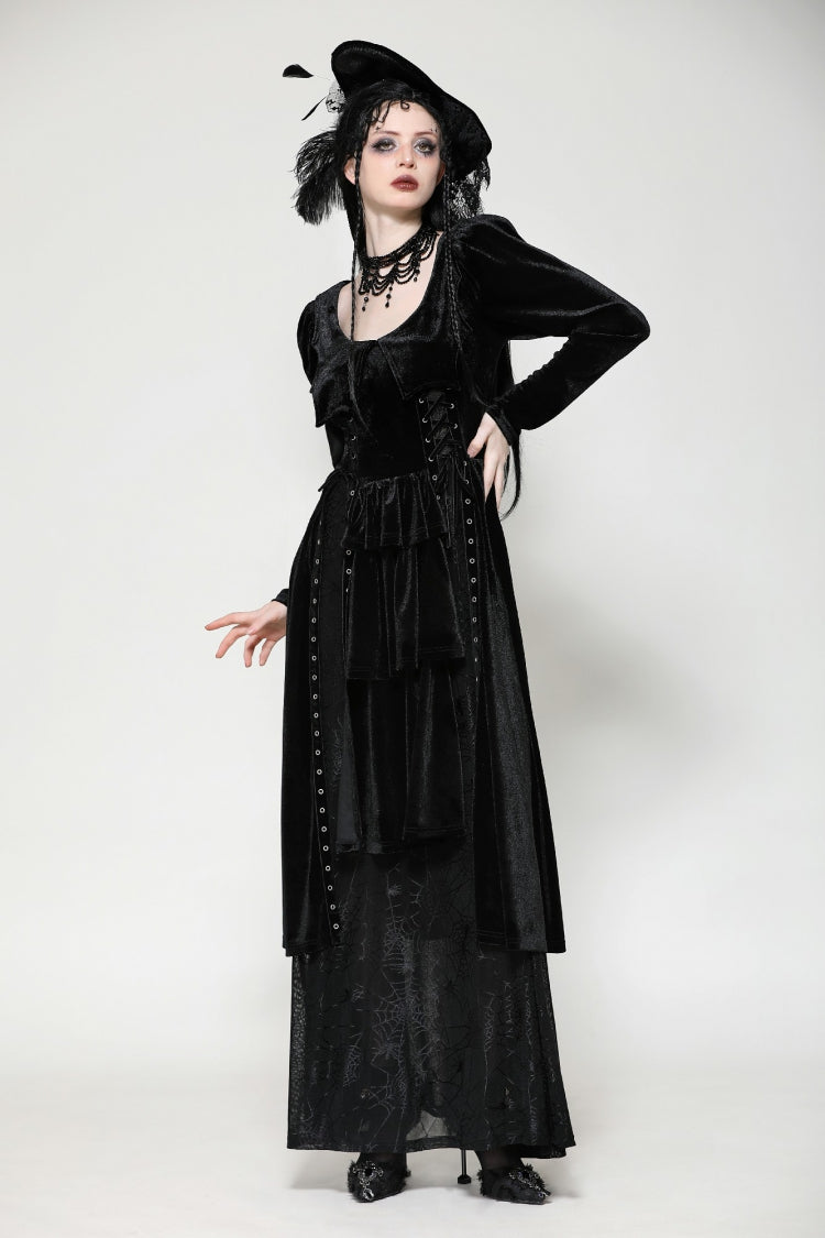 Coal Eyelet Side Slit Gothic Maxi Gown with Long Sleeves
