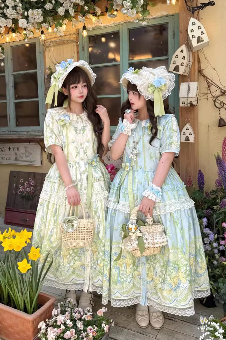 Ivory Green Lily of the Valley Perfume Pearl Candy Tea Doll Collar Short Sleeve Print Lace Plus Sweet Lolita OP