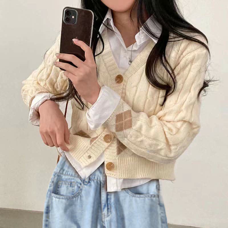 Rhombus Pants Shirt Sweater Set Print Denim Lapel