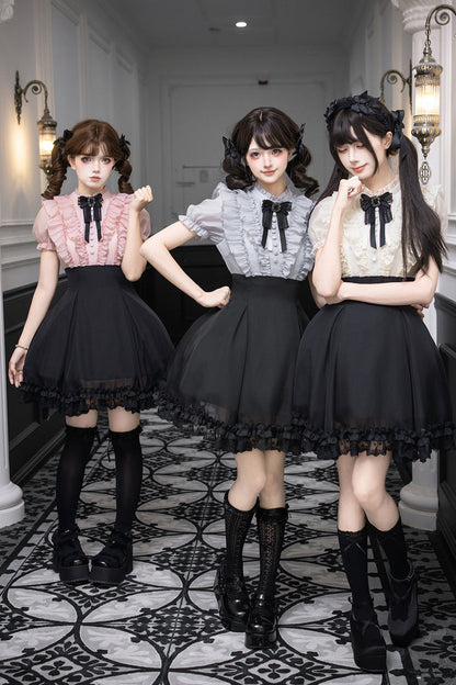 Puff-Sleeve Color-Blocked Faux Two-Piece Sweet Dress