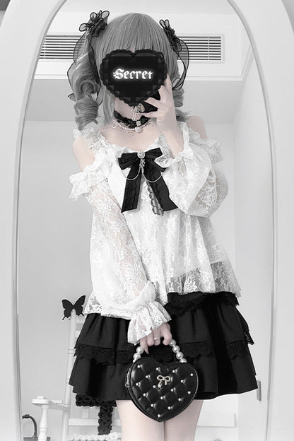 Black Triple-Layer Ruffle Lace Japanese Skirt