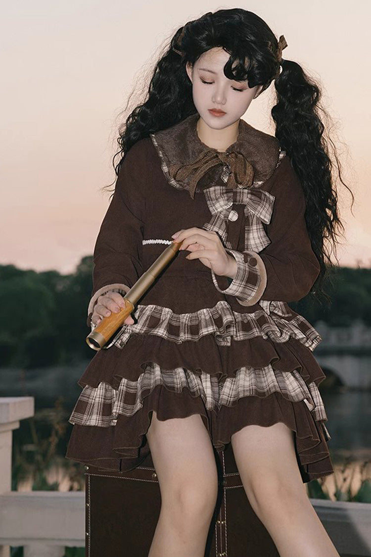 Dark Brown Multi-Layer Bowknot College Style Autumn Winter Princess Sweet Lolita Set