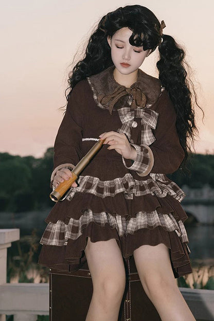 Dark Brown Multi-Layer Bowknot College Style Autumn Winter Princess Sweet Lolita Set