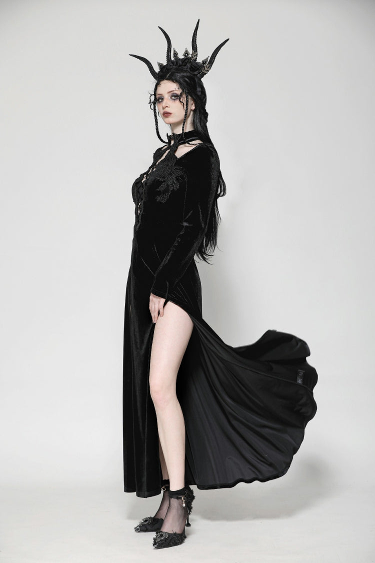 Long Sleeve Cut-Out Lace-Up Gothic Side Slit Velvet Party Wedding Dress
