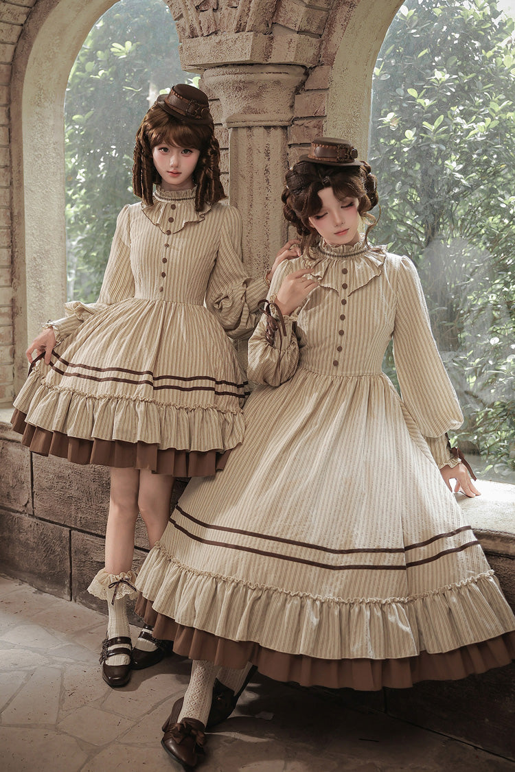 At Sunset Round-Collar Lantern-Sleeved Double-Layered Printed Ruffled Classic Lolita Dress in Beige and Brown, 2 Versions