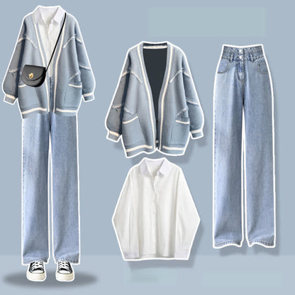 Denim Cardigan Sweater Lapel Shirt Pants Blue Letter Set