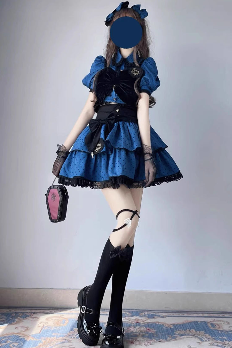 Blue Black Multi-Layer Polka Dot Print Bowknot Princess Sweet Lolita Skirt Set