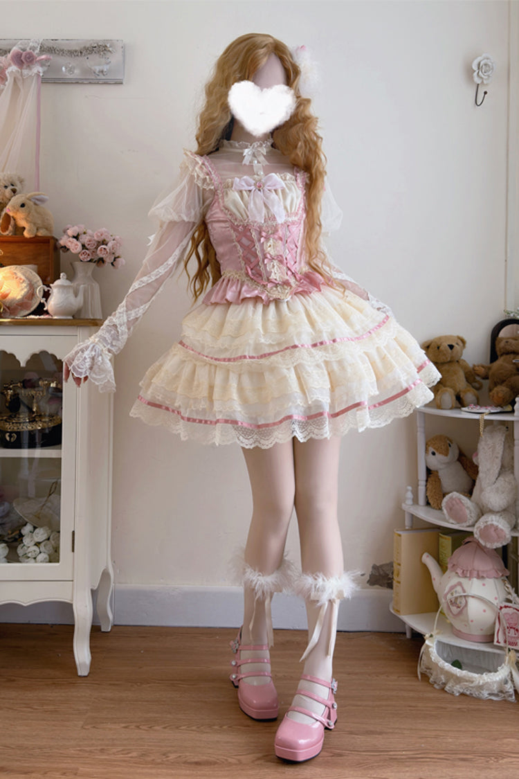 Pink Girl Love Double-Layer Bow Lace Sweet Ballet Lolita Skirt Set