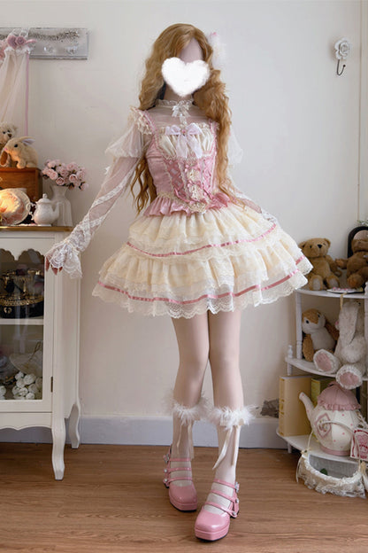 Pink Girl Love Double-Layer Bow Lace Sweet Ballet Lolita Skirt Set
