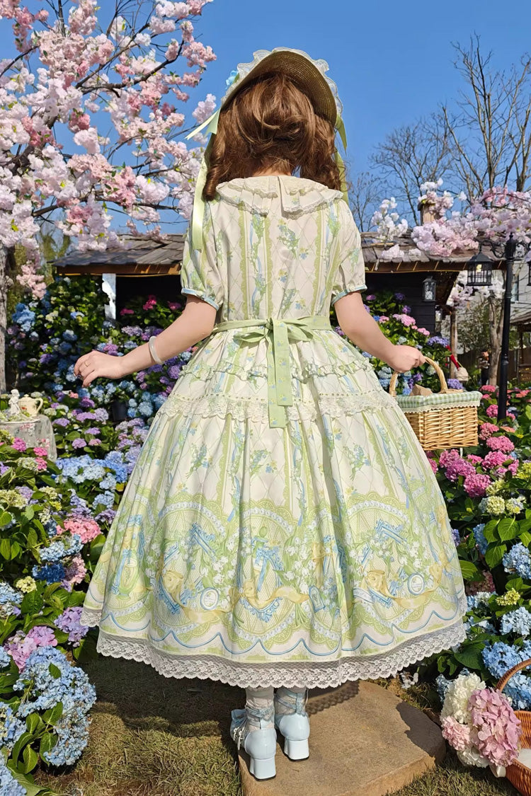 Ivory Green Lily of the Valley Perfume Pearl Candy Tea Doll Collar Short Sleeve Print Lace Plus Sweet Lolita OP