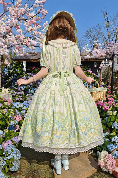 Ivory Green Lily of the Valley Perfume Pearl Candy Tea Doll Collar Short Sleeve Print Lace Plus Sweet Lolita OP