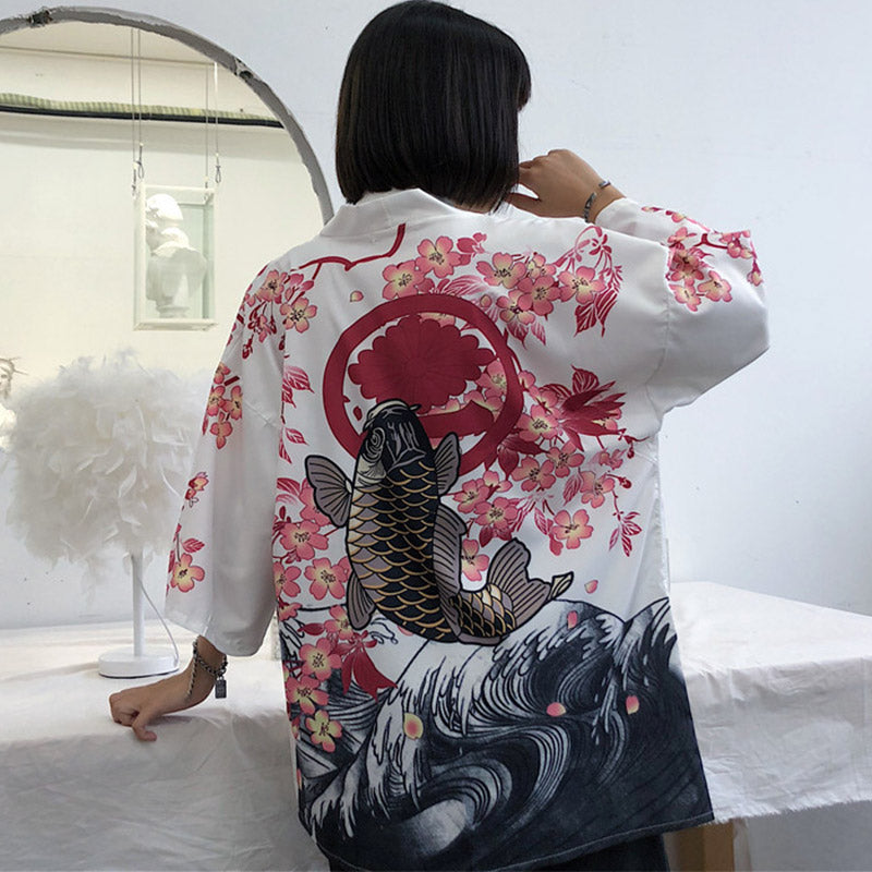 Kimono fleuri à motif de poisson noir, vêtement d'extérieur, protection solaire