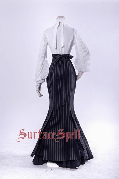 Lorelei Double-Layered Striped Print Ruffle Gothic Elegant Lolita Mermaid Maxi Skirt