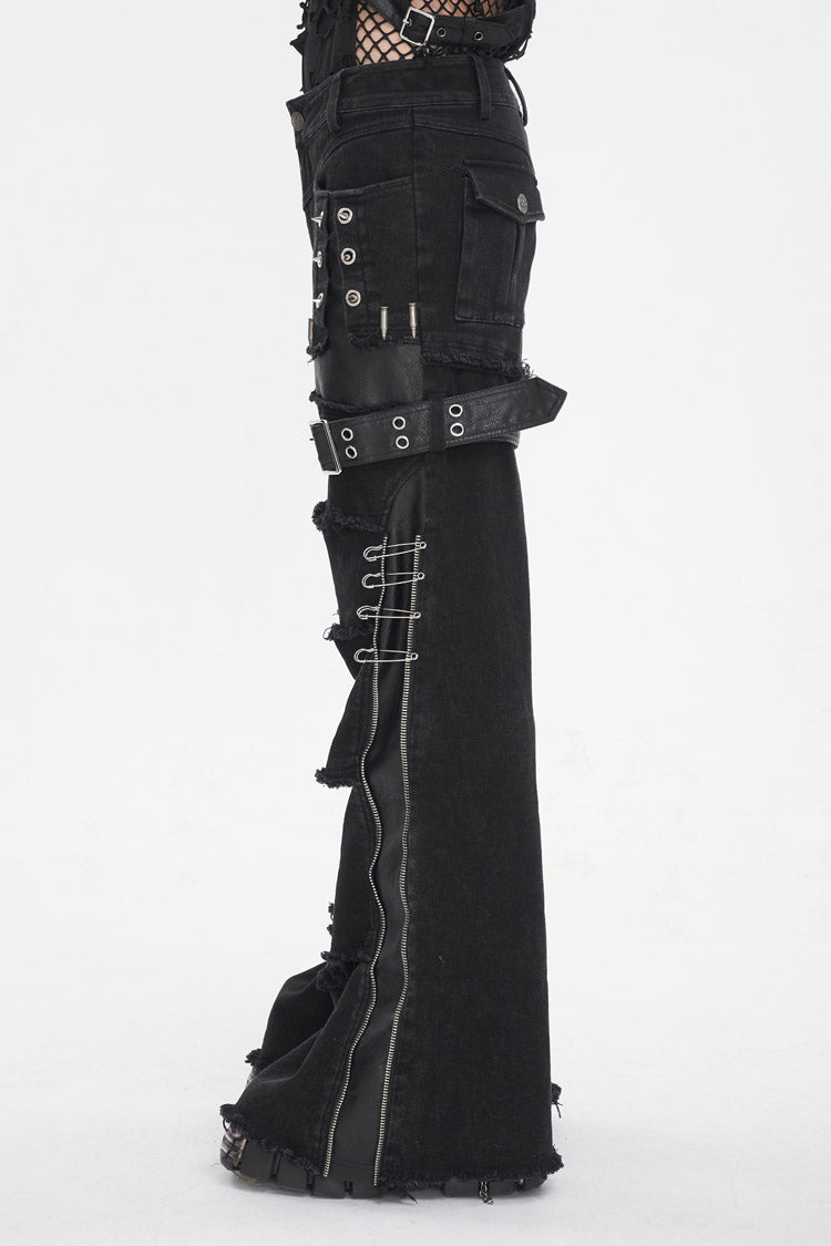 Men's Punk Flared Pants in Spliced Black Faux Leather