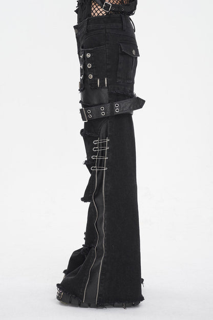 Men's Punk Flared Pants in Spliced Black Faux Leather