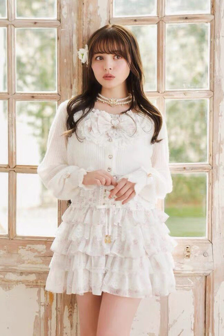 Multi-Layer Printed Ruffle Bow Sweet Dress Three Colors