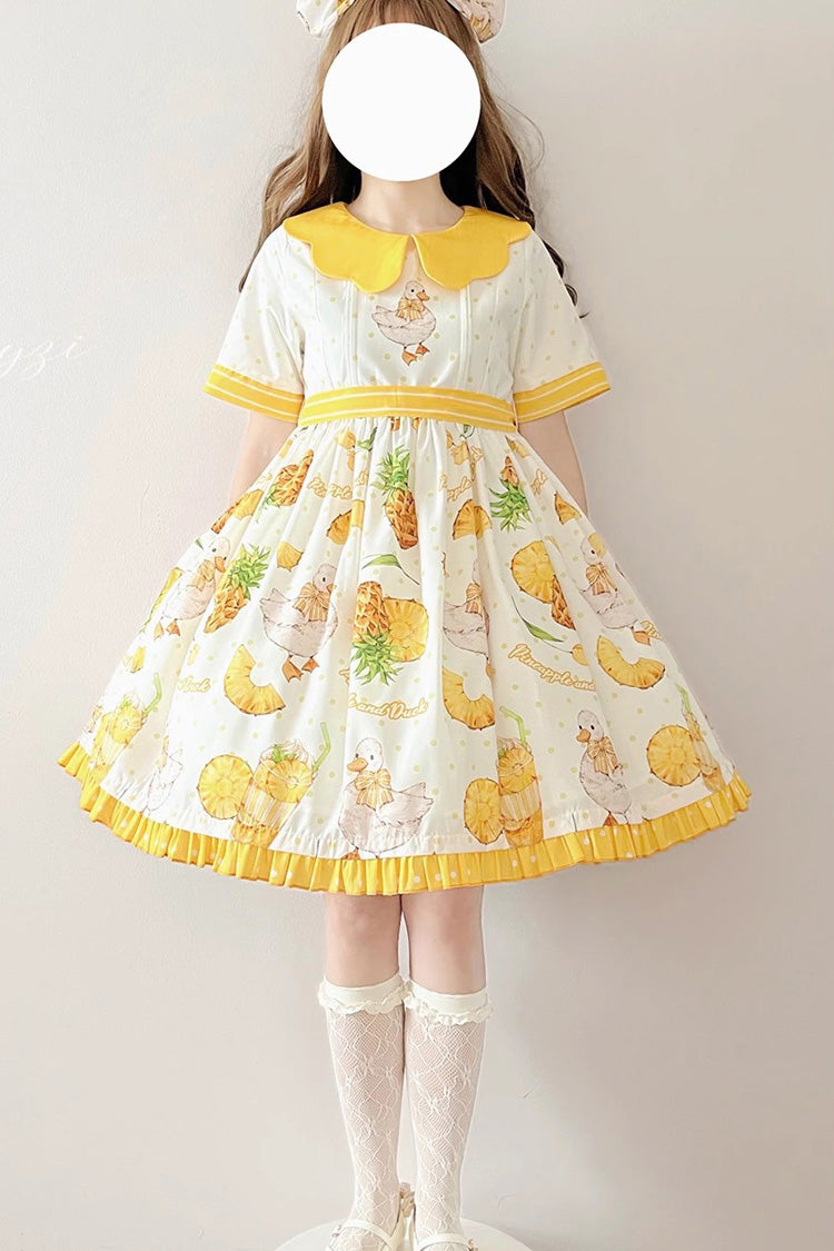 White and Yellow Short-Sleeved Duck Print Bow-Trim Sweet Lolita OP Dress