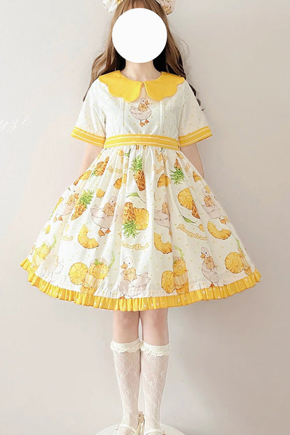 White and Yellow Short-Sleeved Duck Print Bow-Trim Sweet Lolita OP Dress