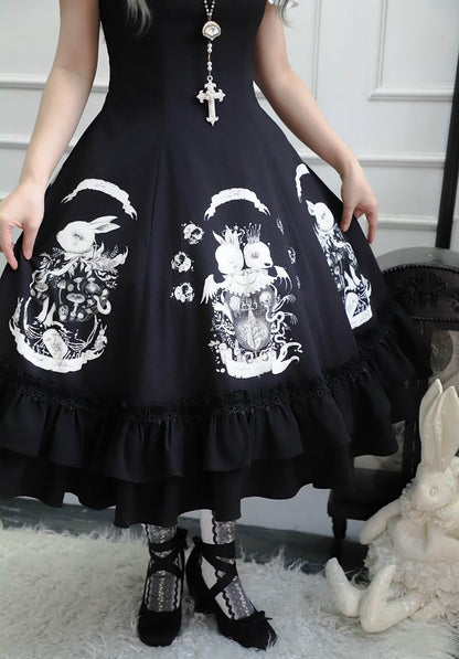 Bunny Print Black Dark Gothic Lolita Slim Fit Waist Dress